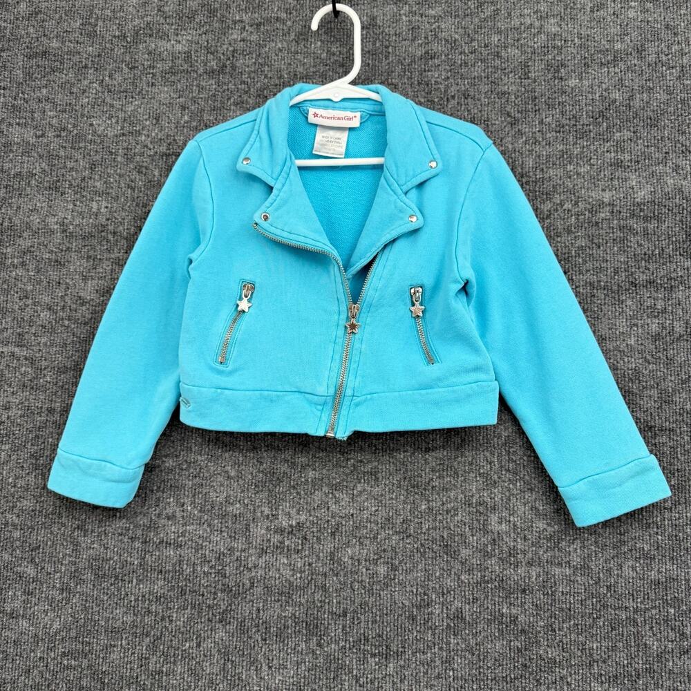 American Girl Motorcycle Jacket Size 4 Turquoise Cropped Biker Moto French Terry